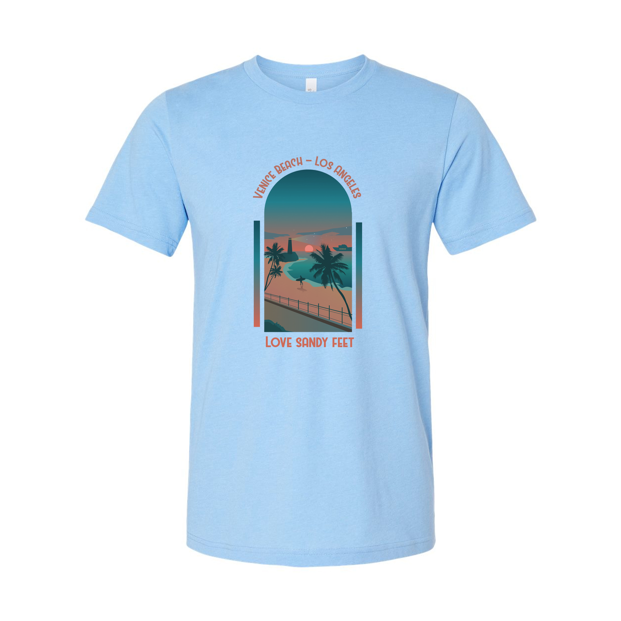 Surfing Unisex T Shirt With Venice Beach Sunset Scene Palm Trees And Love Sandy Feet