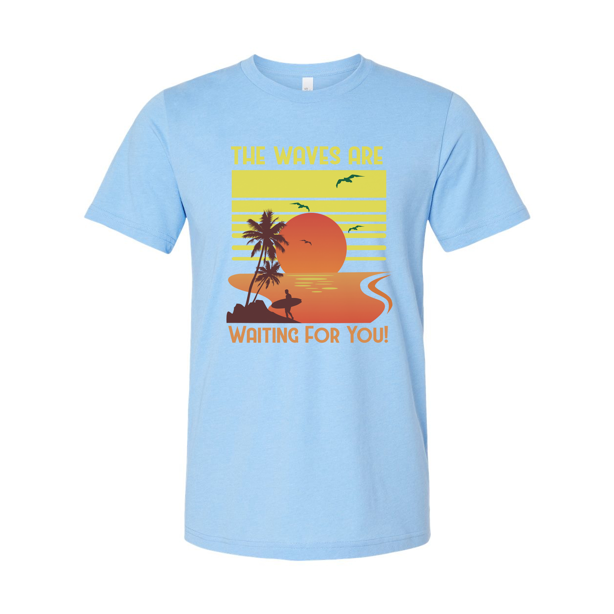 Unisex Surfing Sunset Graphic Tee Featuring Palm Trees Ocean Waves And A Radiant Orange Sun