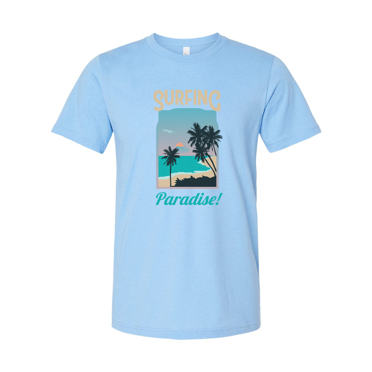 Surfing Paradise Graphic Tee For Men And Women Unisex With Palm Tree Beach Scene Coastal Sunset Ocean Surfer Gift Idea