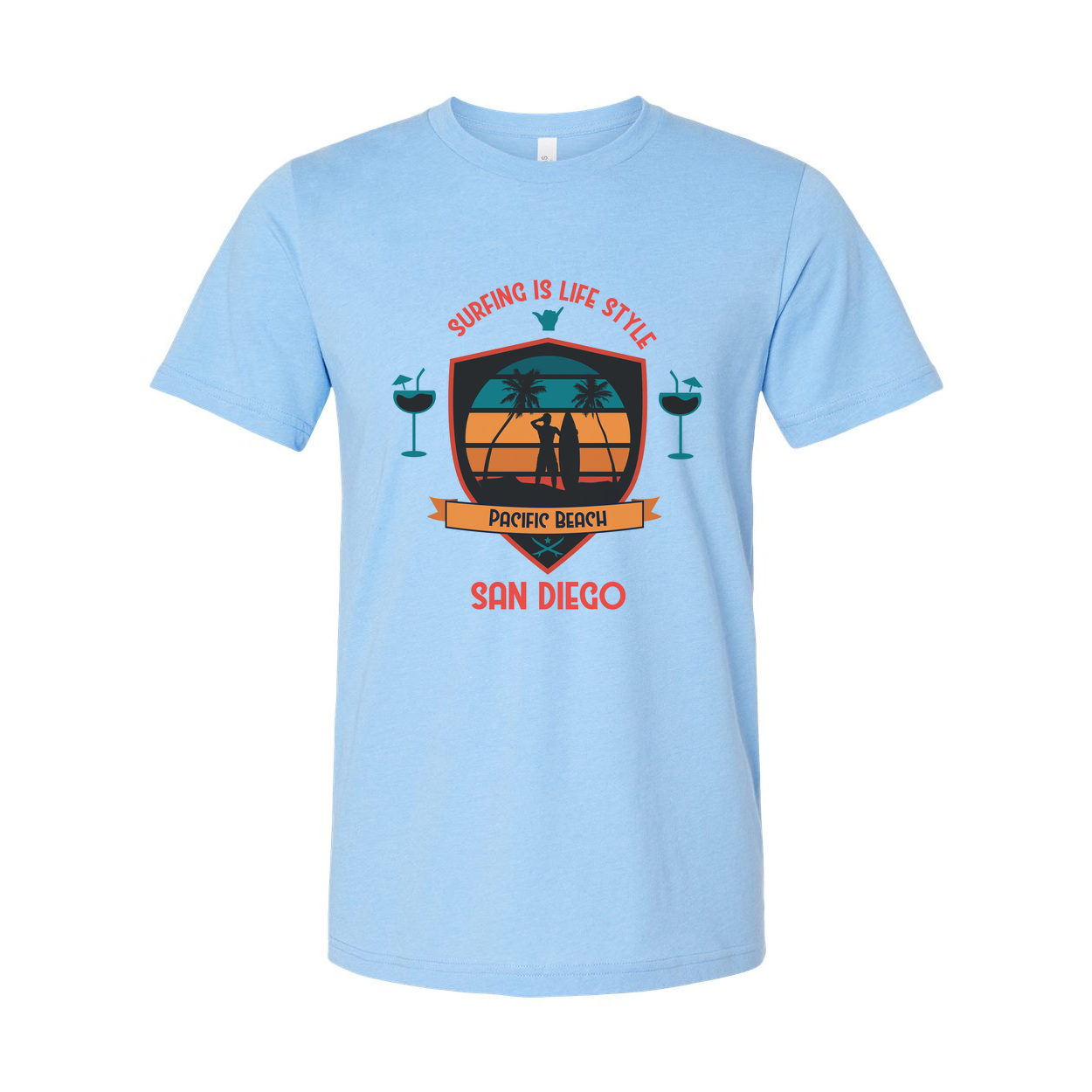 Unisex Surfing Tee With Pacific Beach San Diego Graphic Shield Design Retro Sunset Palette