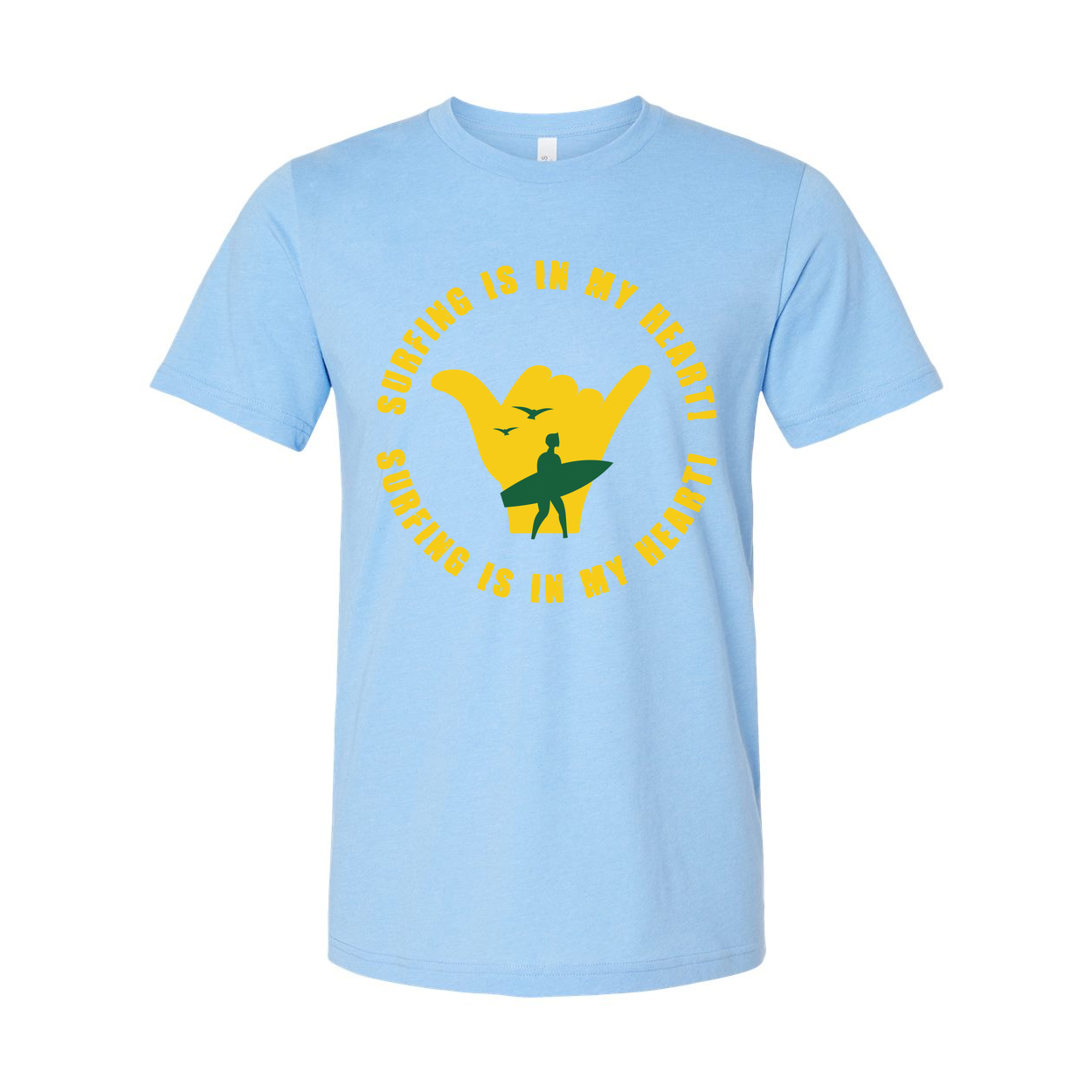 Surfing Is In My Heart Graphic Tee With Yellow Shaka Hand And Surfer Silhouette Design