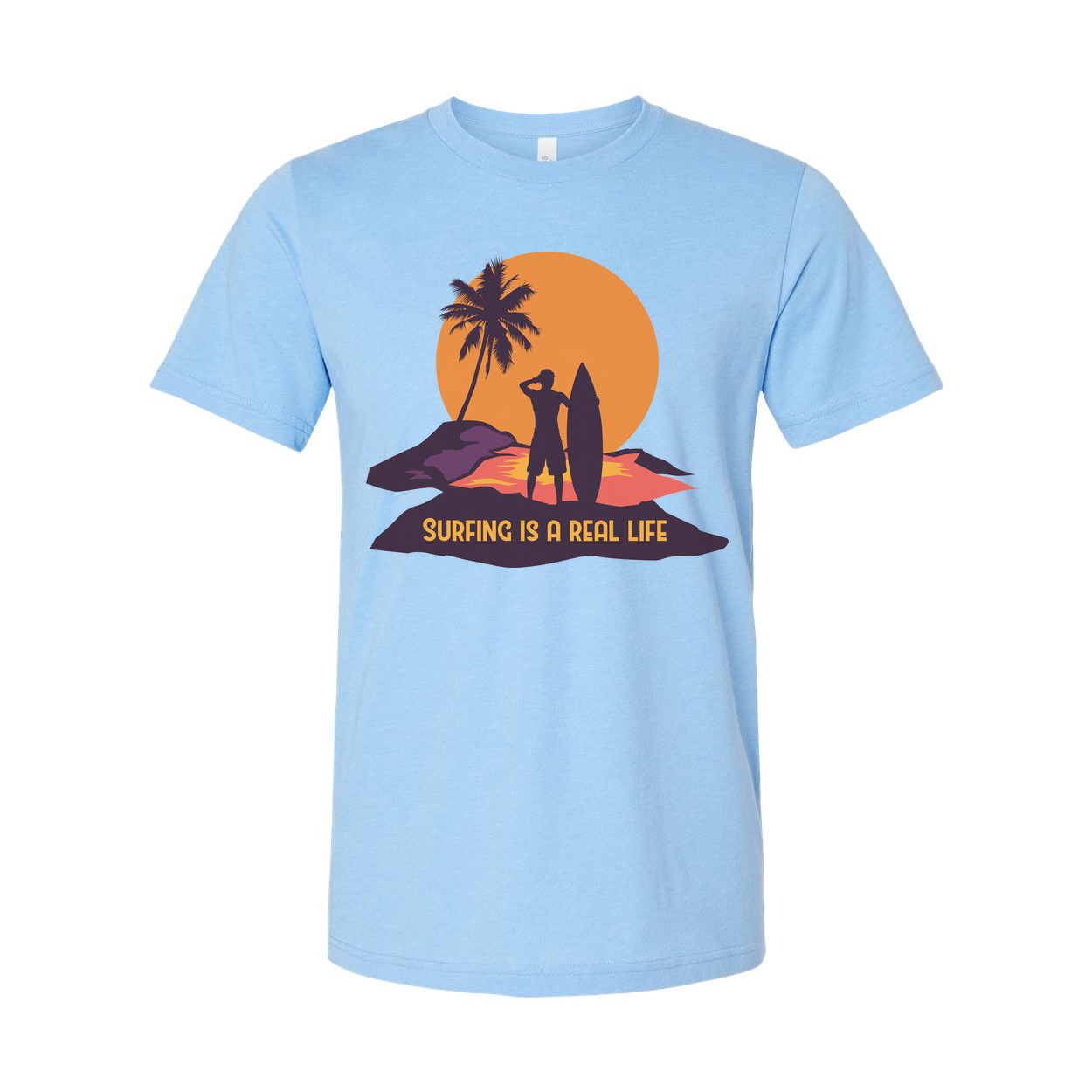 Unisex Surfing Graphic Tee With Silhouette Of Surfer And Palm Tree Against Sunset