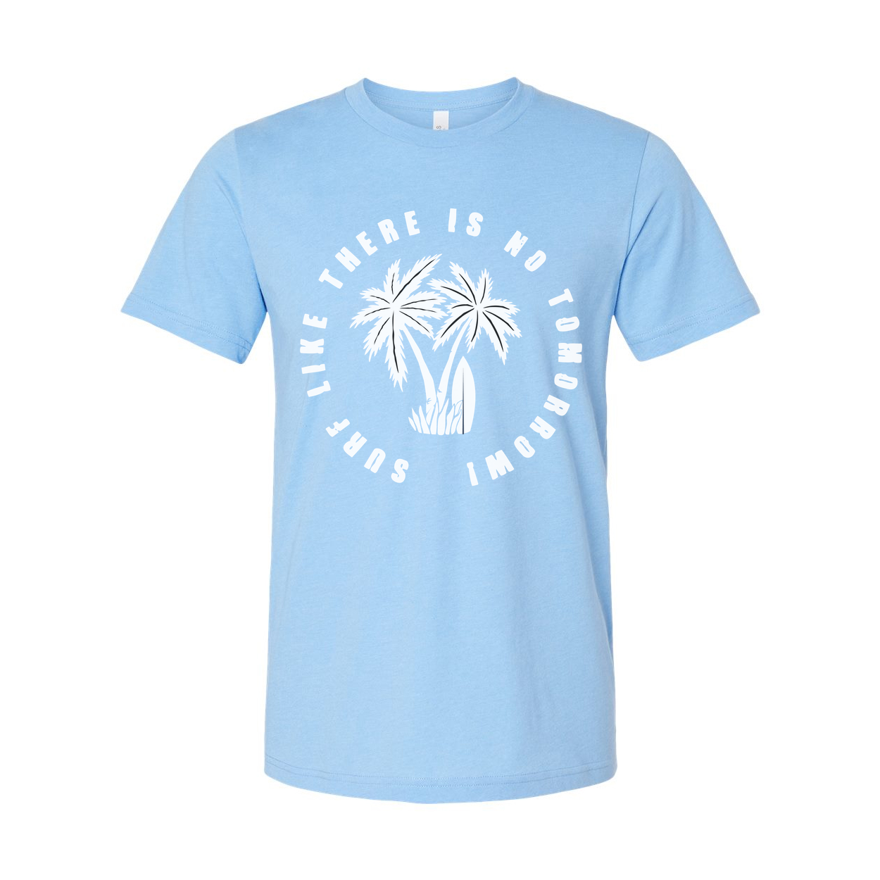 Unisex Surfing Tee With Palm Trees Circular Graphic And Motivational Phrase For Beach Life