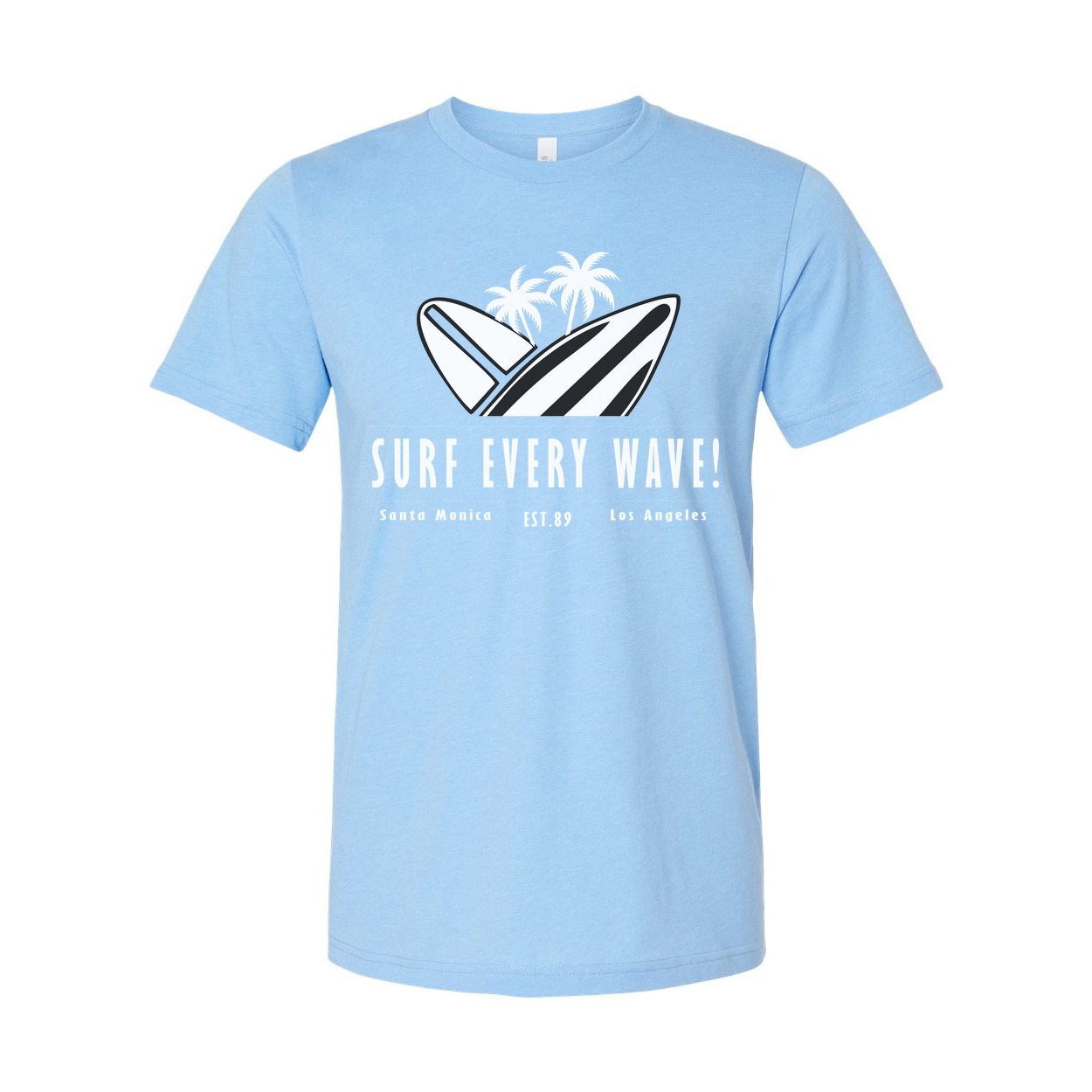 Surf Every Wave Graphic Tee With Surfboard And Palm Design
