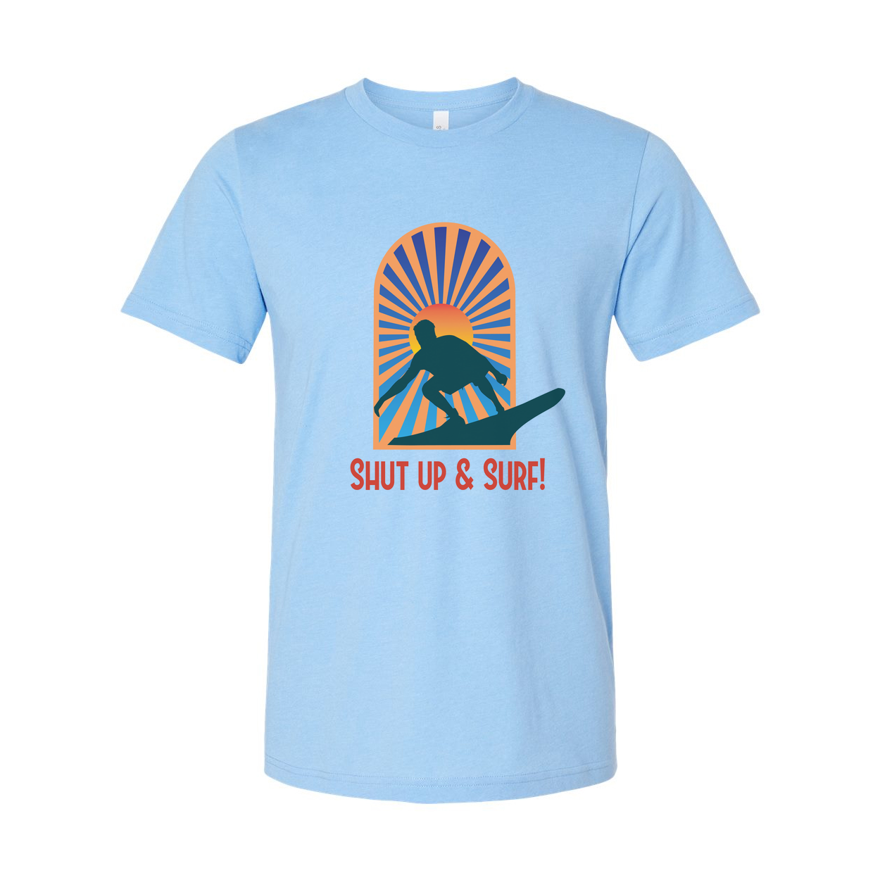 Unisex Surfing Graphic Tee With Sunburst Arch Silhouette Of Surfer And Retro Style Font