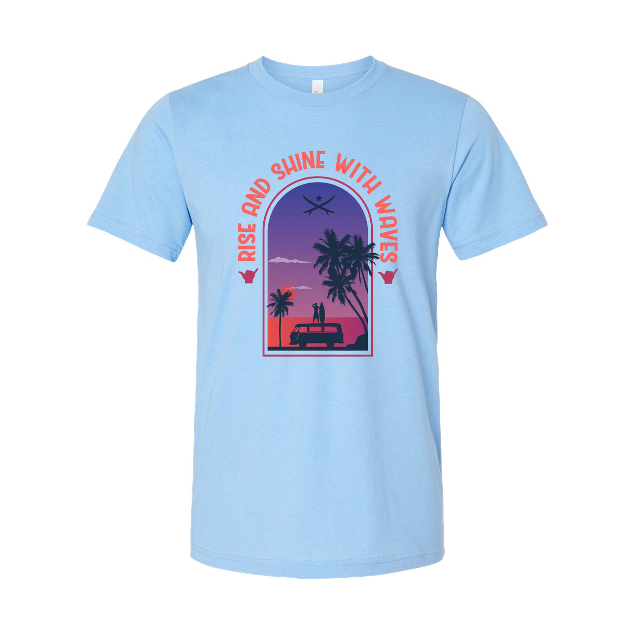 Unisex Surfing Themed T Shirt With Sunset Palm Trees And Van Scene Artwork For Beach Lovers