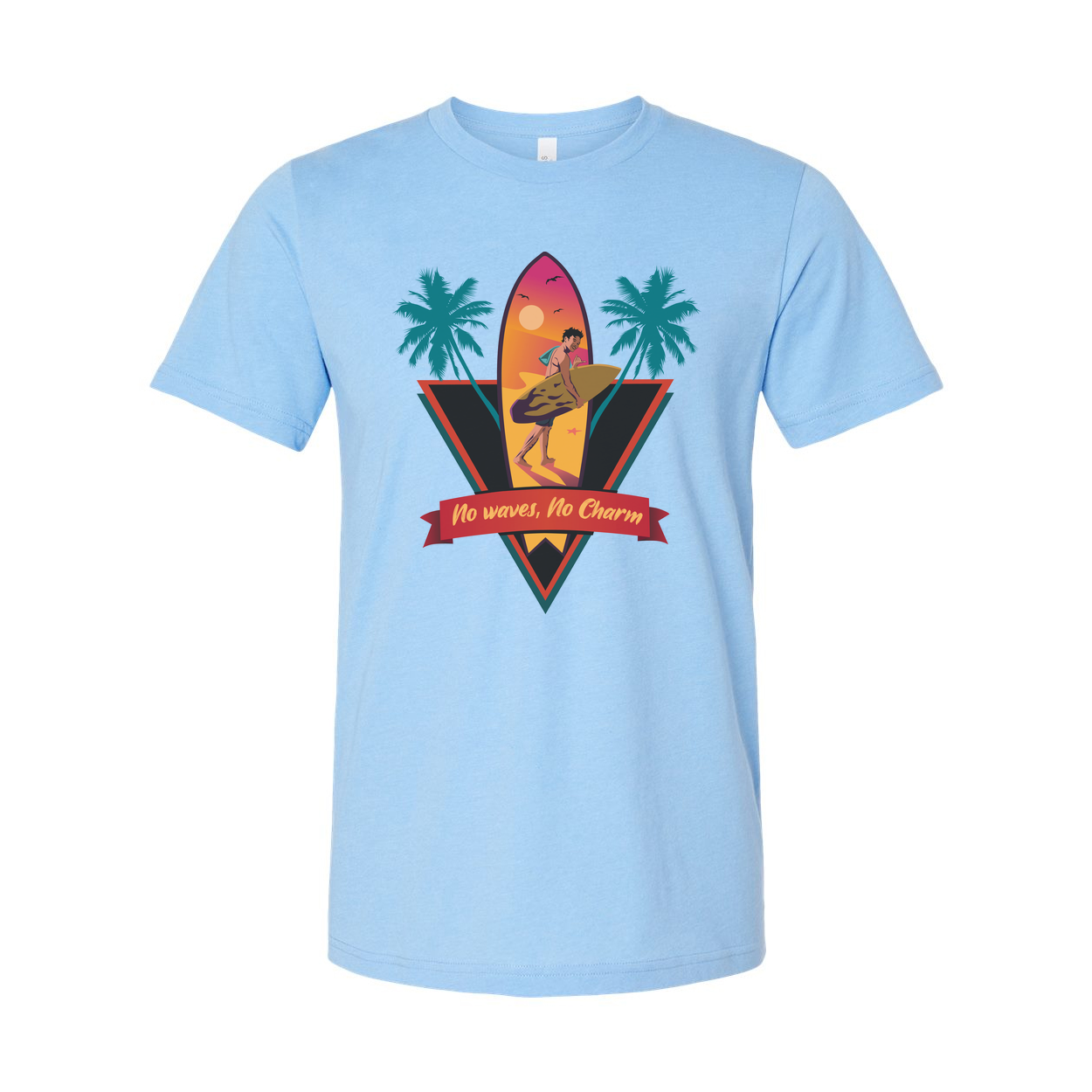 Unisex Surfing Graphic Tee With Sunset Surfer, Palm Trees And No Waves, No Charm Ribbon