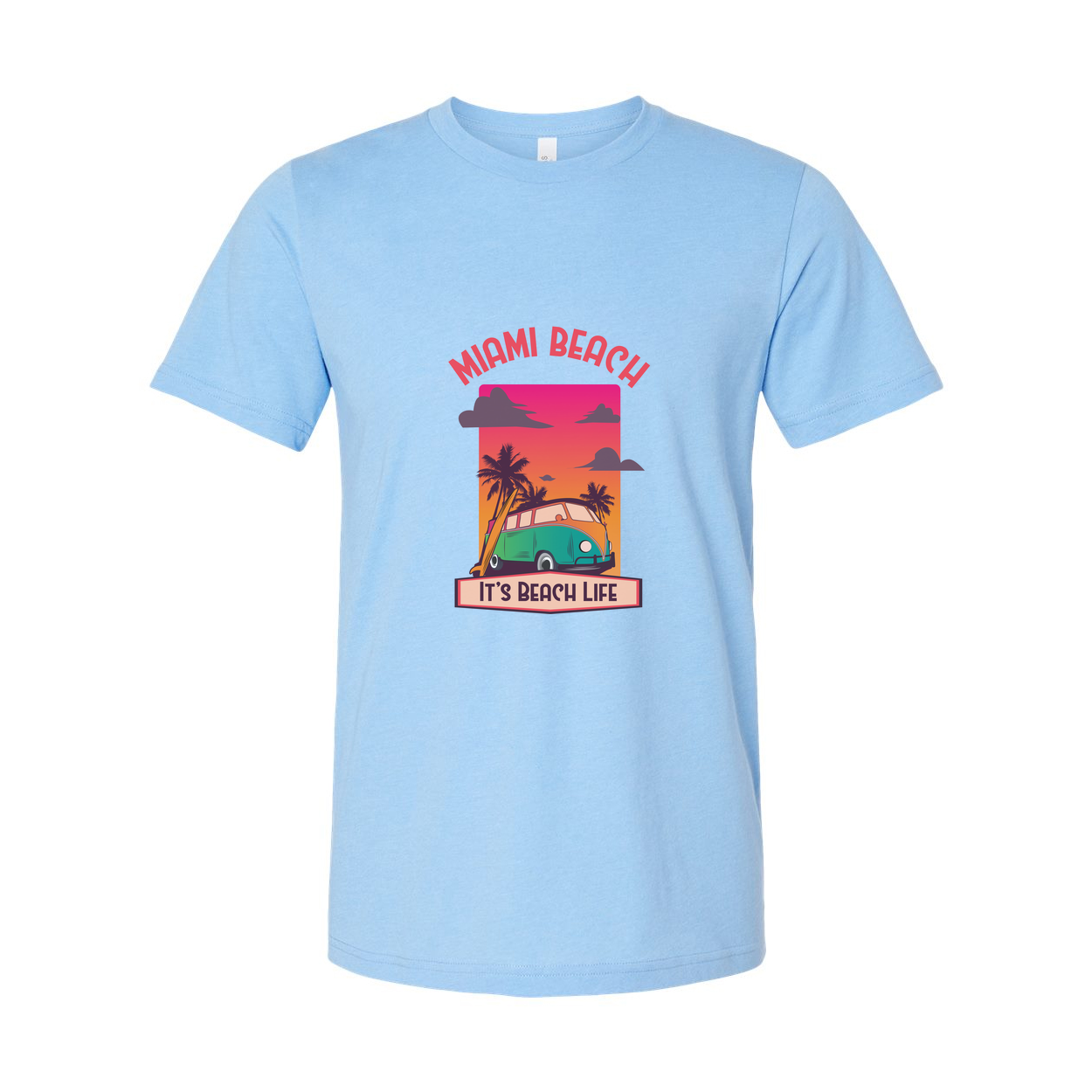 Miami Beach Retro Sunset Graphic T Shirt With Palm Trees And Classic Van Illustration