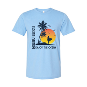 Malibu Beach Sunset Surfing Graphic Unisex T Shirt With Palm Trees And Surfer Silhouette