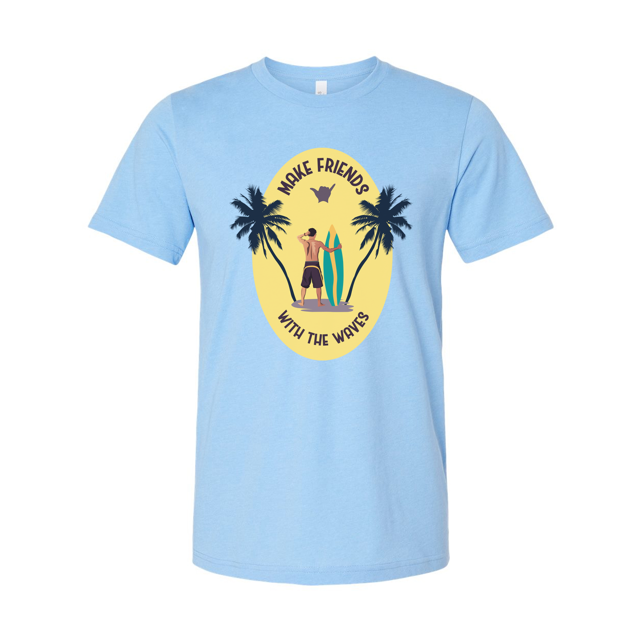 Unisex Surfing T Shirt With Sunset Palm Tree Graphic And Surfboard Make Friends With The Waves