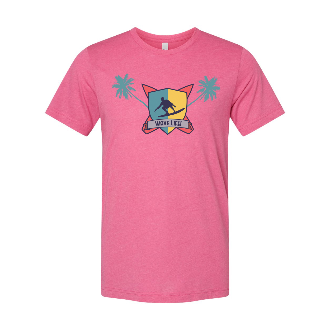 Unisex Surfing Crest Tee Featuring Wave Shield Emblem Palm Trees And Beachside Graphic Design