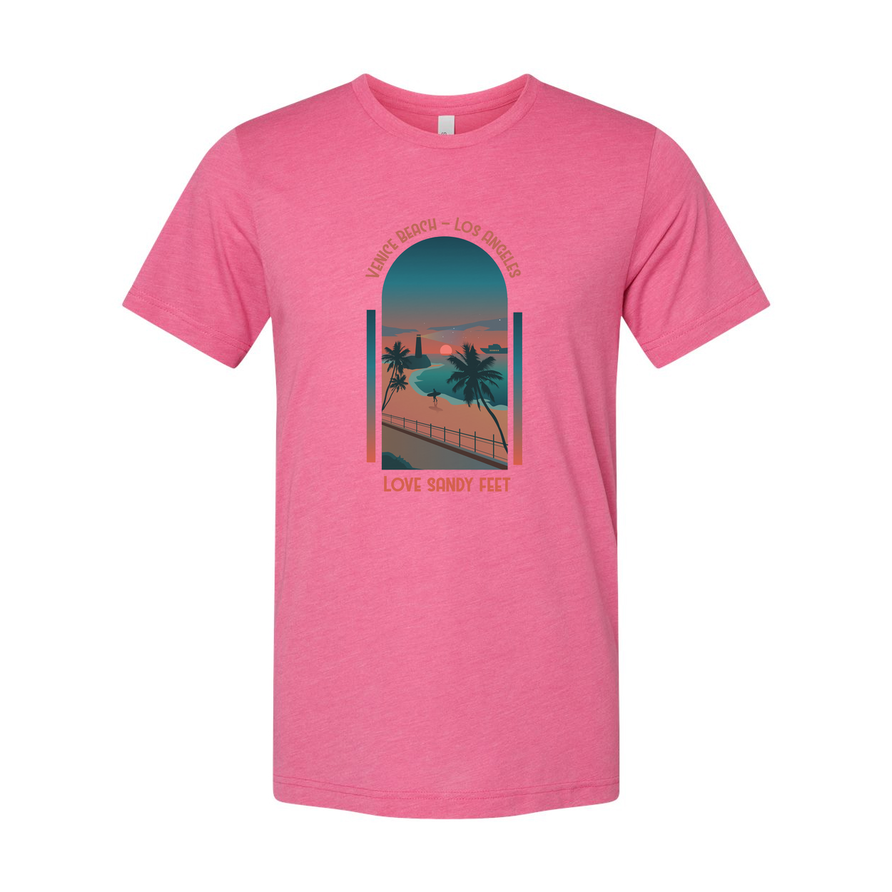 Surfing Unisex T Shirt With Venice Beach Sunset Scene Palm Trees And Love Sandy Feet