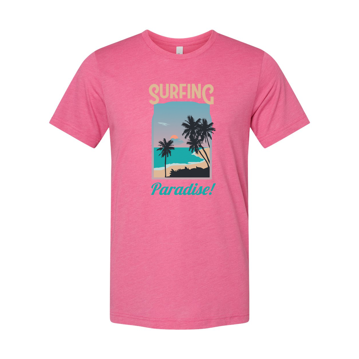 Surfing Paradise Graphic Tee For Men And Women Unisex With Palm Tree Beach Scene Coastal Sunset Ocean Surfer Gift Idea