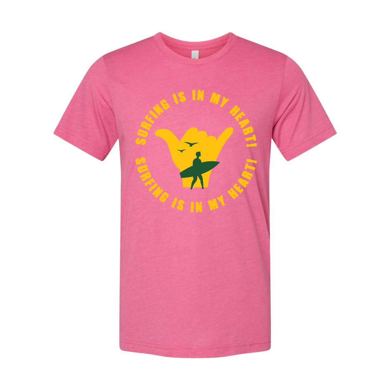 Surfing Is In My Heart Graphic Tee With Yellow Shaka Hand And Surfer Silhouette Design