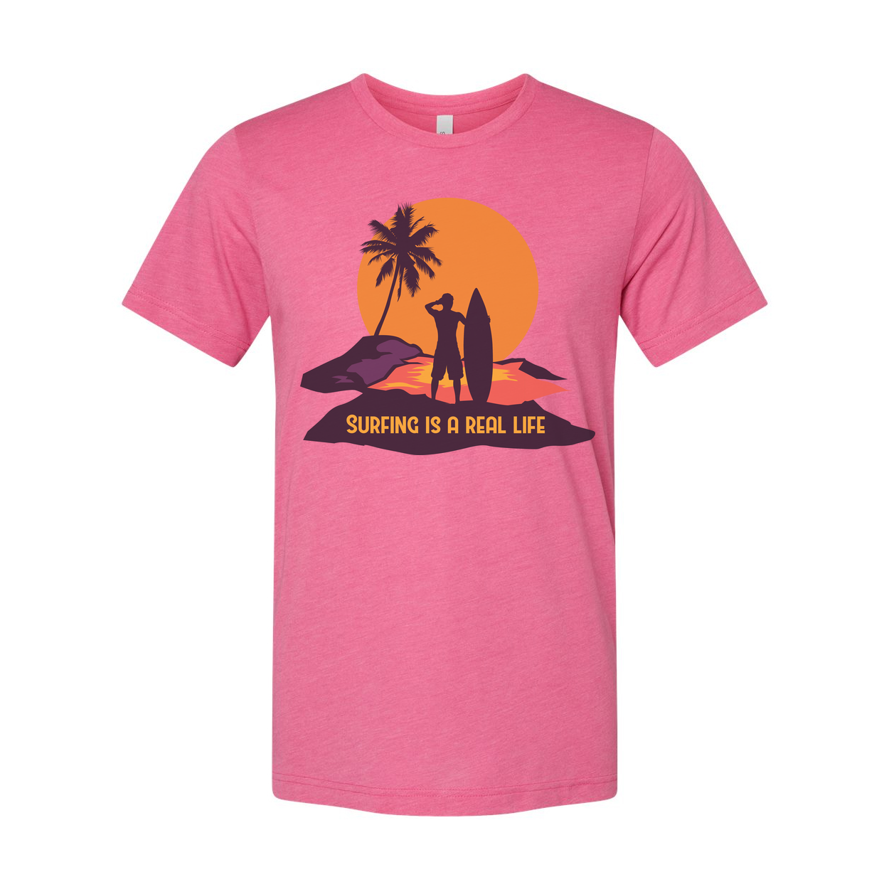 Unisex Surfing Graphic Tee With Silhouette Of Surfer And Palm Tree Against Sunset