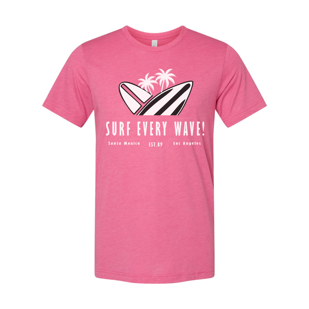 Surf Every Wave Graphic Tee With Surfboard And Palm Design