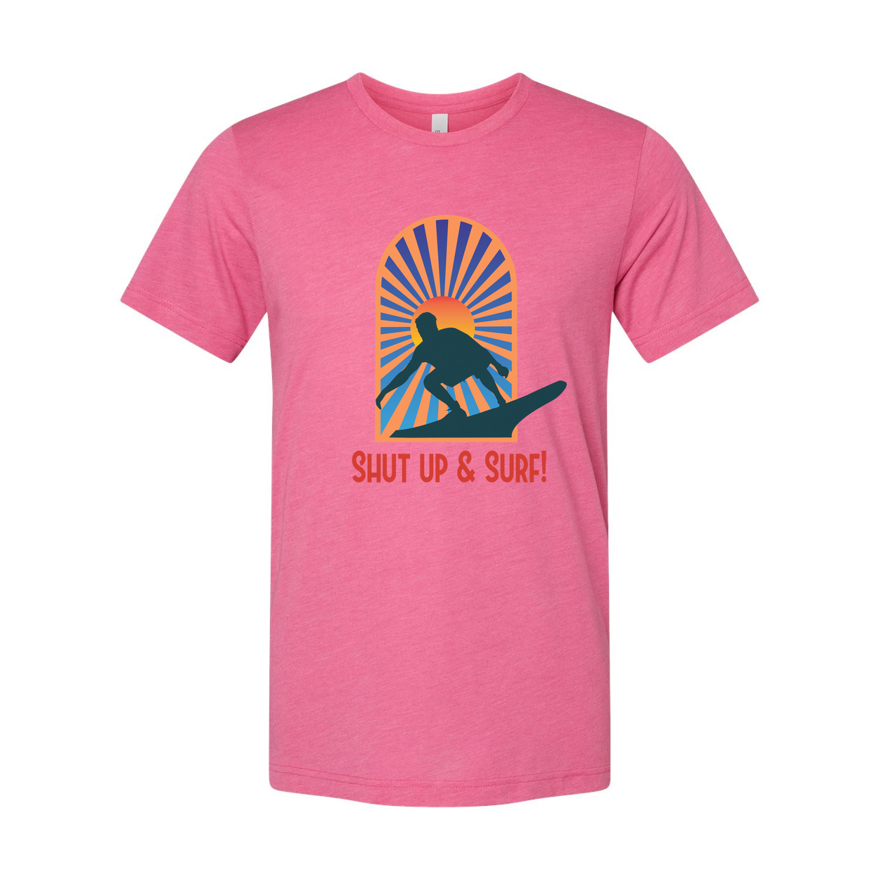 Unisex Surfing Graphic Tee With Sunburst Arch Silhouette Of Surfer And Retro Style Font