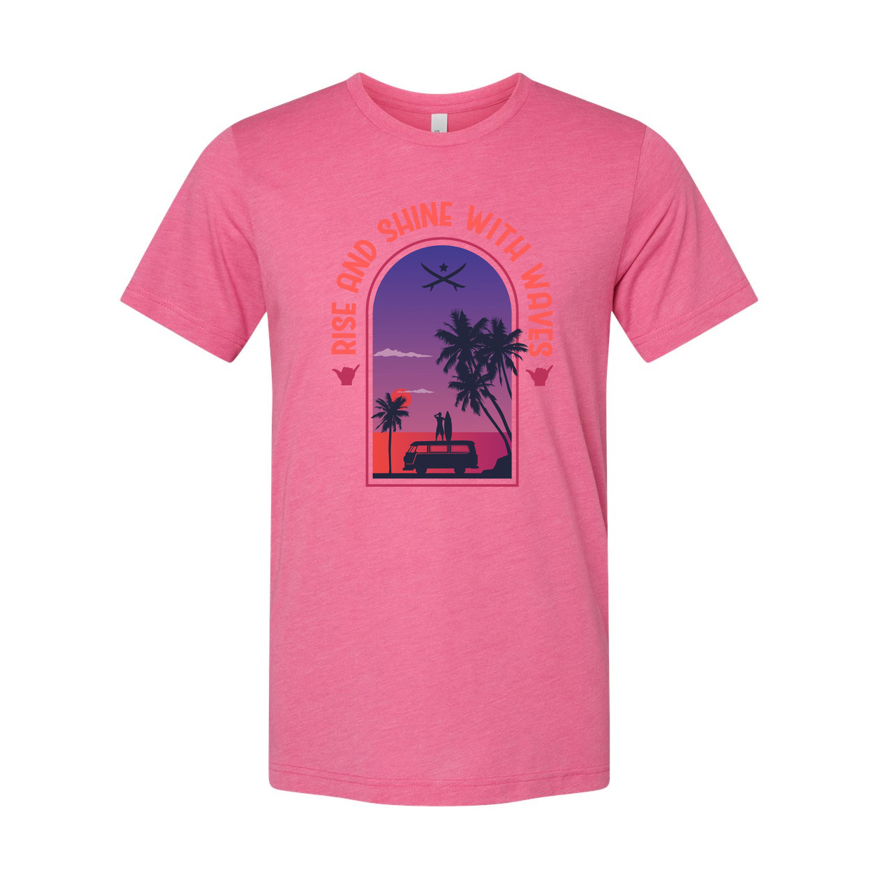 Unisex Surfing Themed T Shirt With Sunset Palm Trees And Van Scene Artwork For Beach Lovers