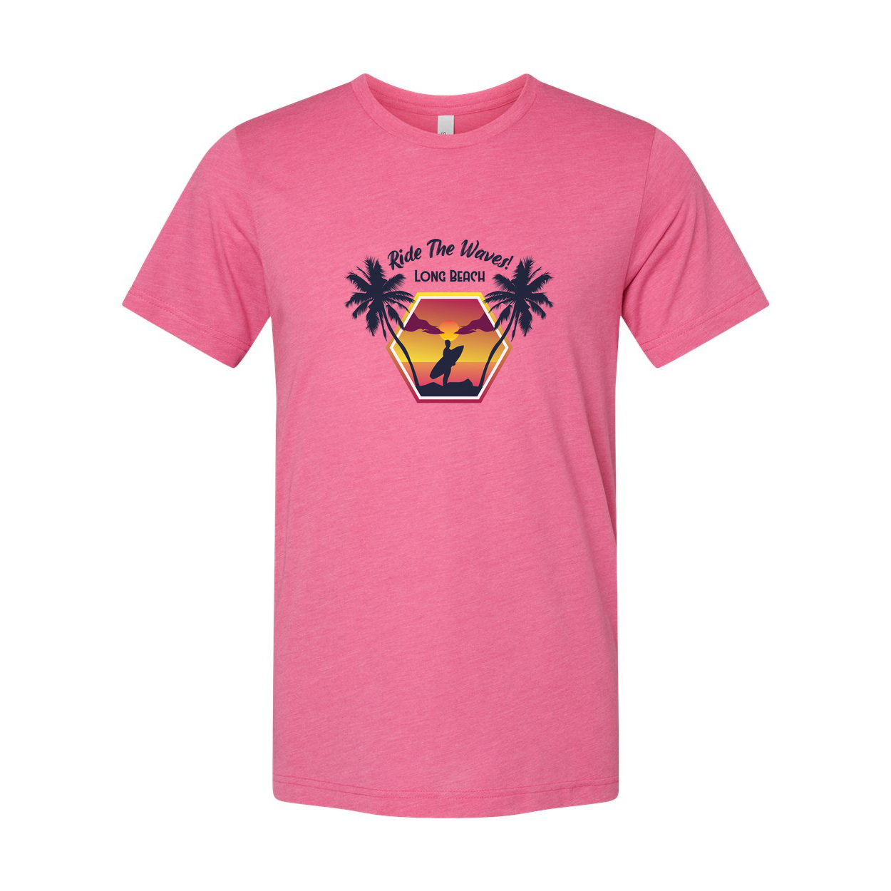 Surfing Sunset Hexagon Graphic Tee With Palm Trees And Rider Silhouette On Long Beach
