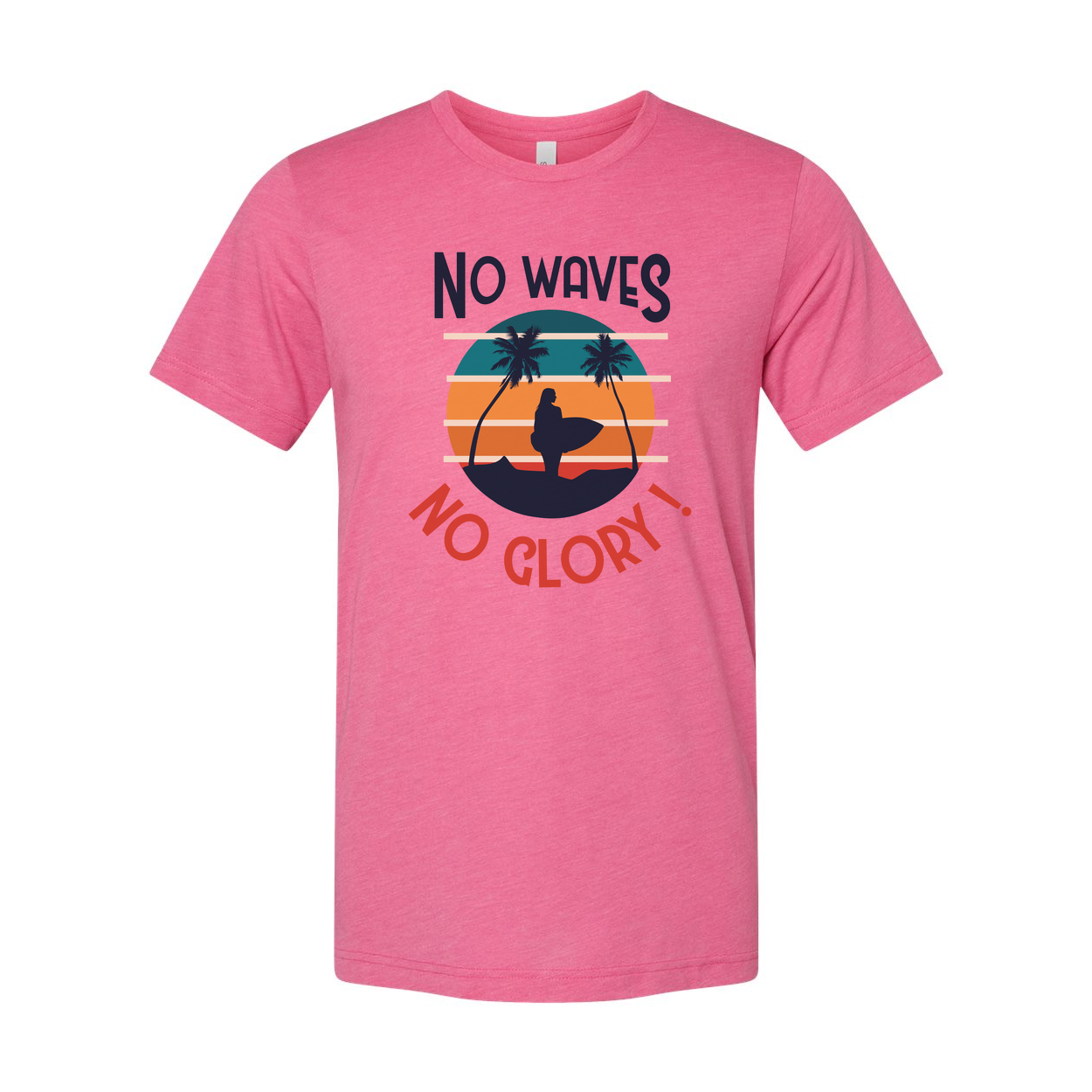 No Waves No Glory Surfing Graphic Unisex Tee For Men And Women With Sunset Palm Tree Design