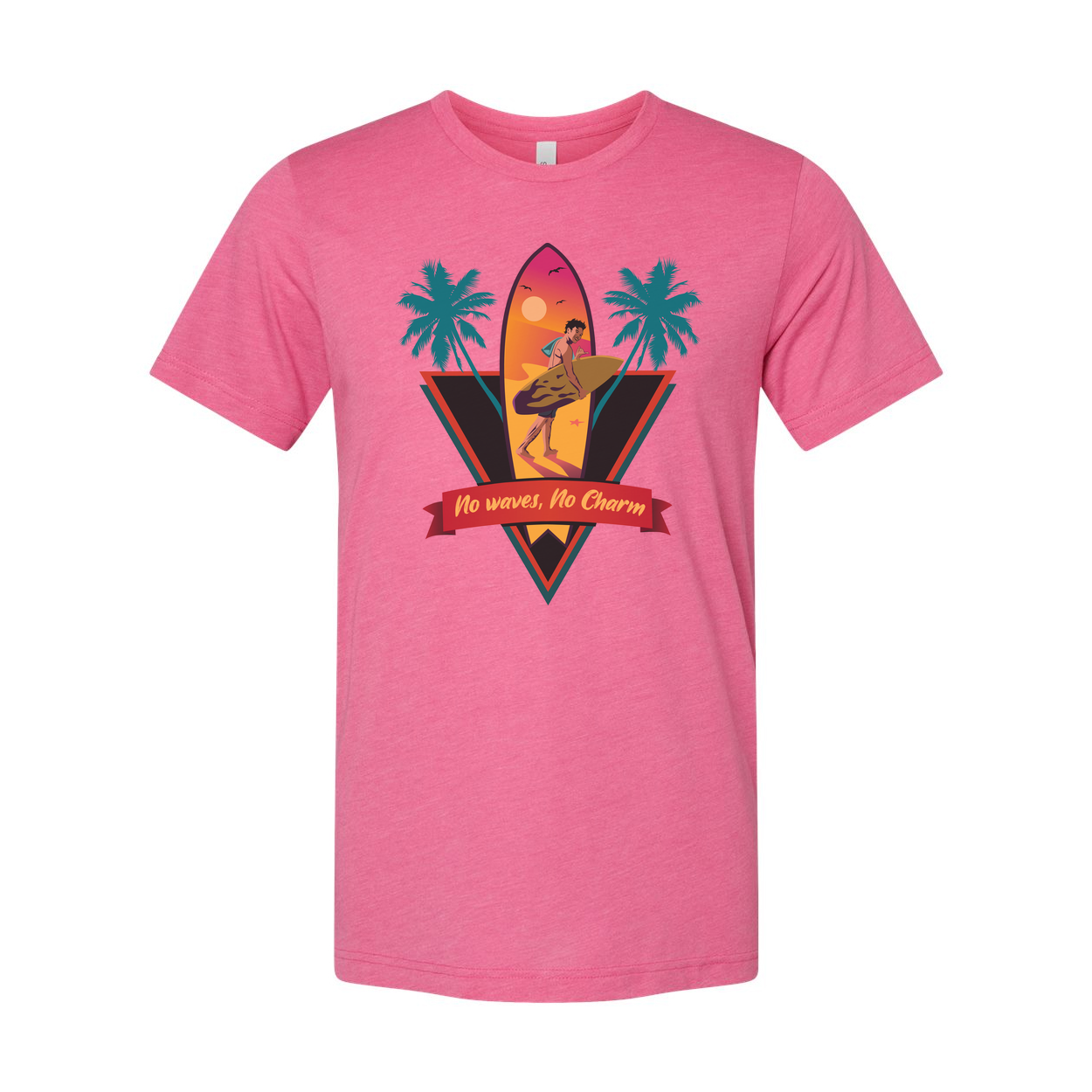 Unisex Surfing Graphic Tee With Sunset Surfer, Palm Trees And No Waves, No Charm Ribbon