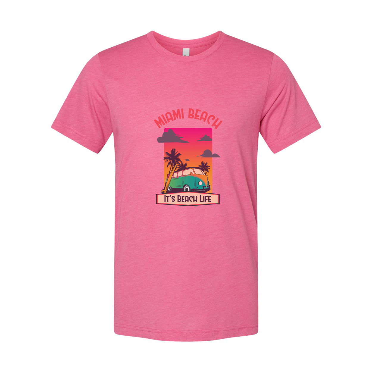 Miami Beach Retro Sunset Graphic T Shirt With Palm Trees And Classic Van Illustration