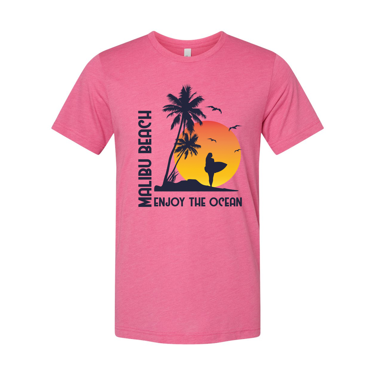 Malibu Beach Sunset Surfing Graphic Unisex T Shirt With Palm Trees And Surfer Silhouette