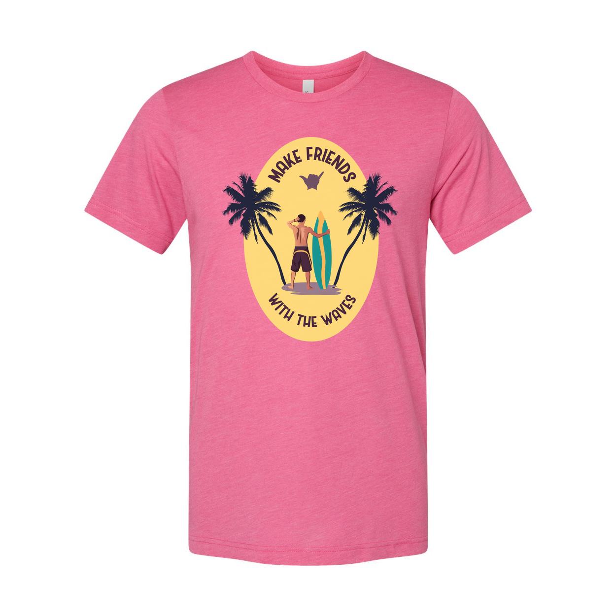 Unisex Surfing T Shirt With Sunset Palm Tree Graphic And Surfboard Make Friends With The Waves