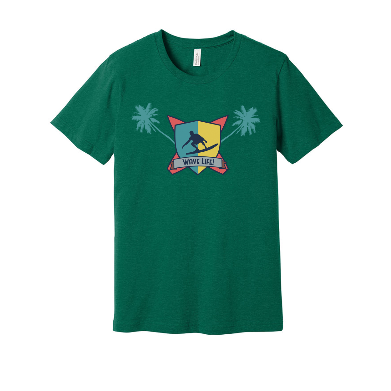 Unisex Surfing Crest Tee Featuring Wave Shield Emblem Palm Trees And Beachside Graphic Design