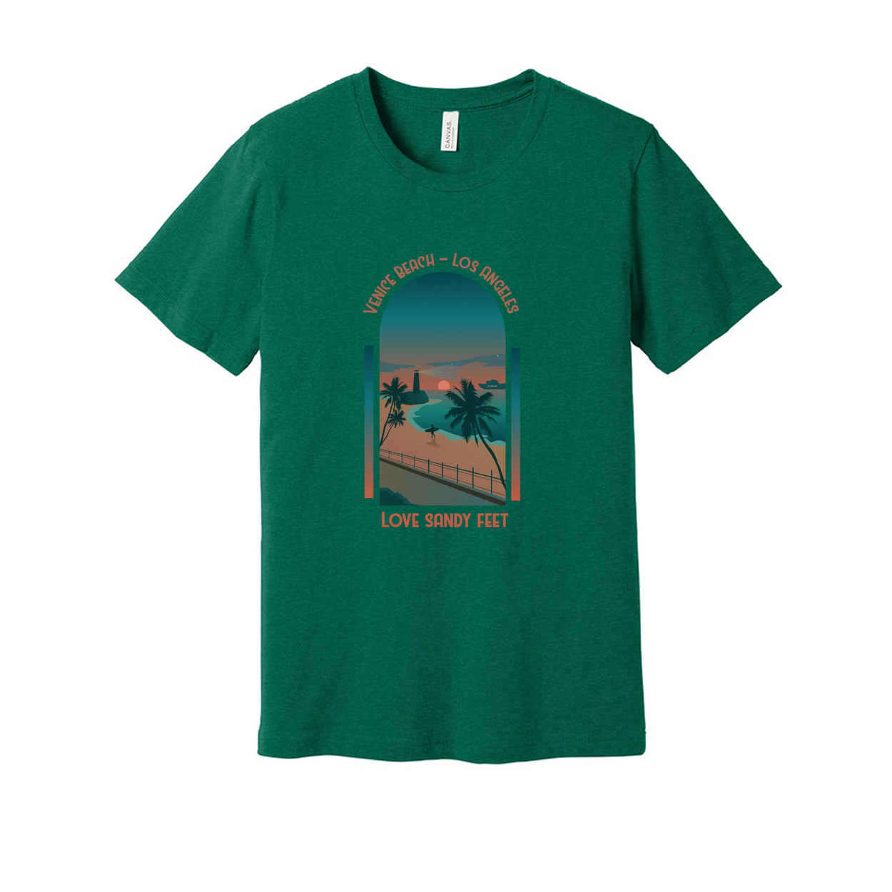 Surfing Unisex T Shirt With Venice Beach Sunset Scene Palm Trees And Love Sandy Feet