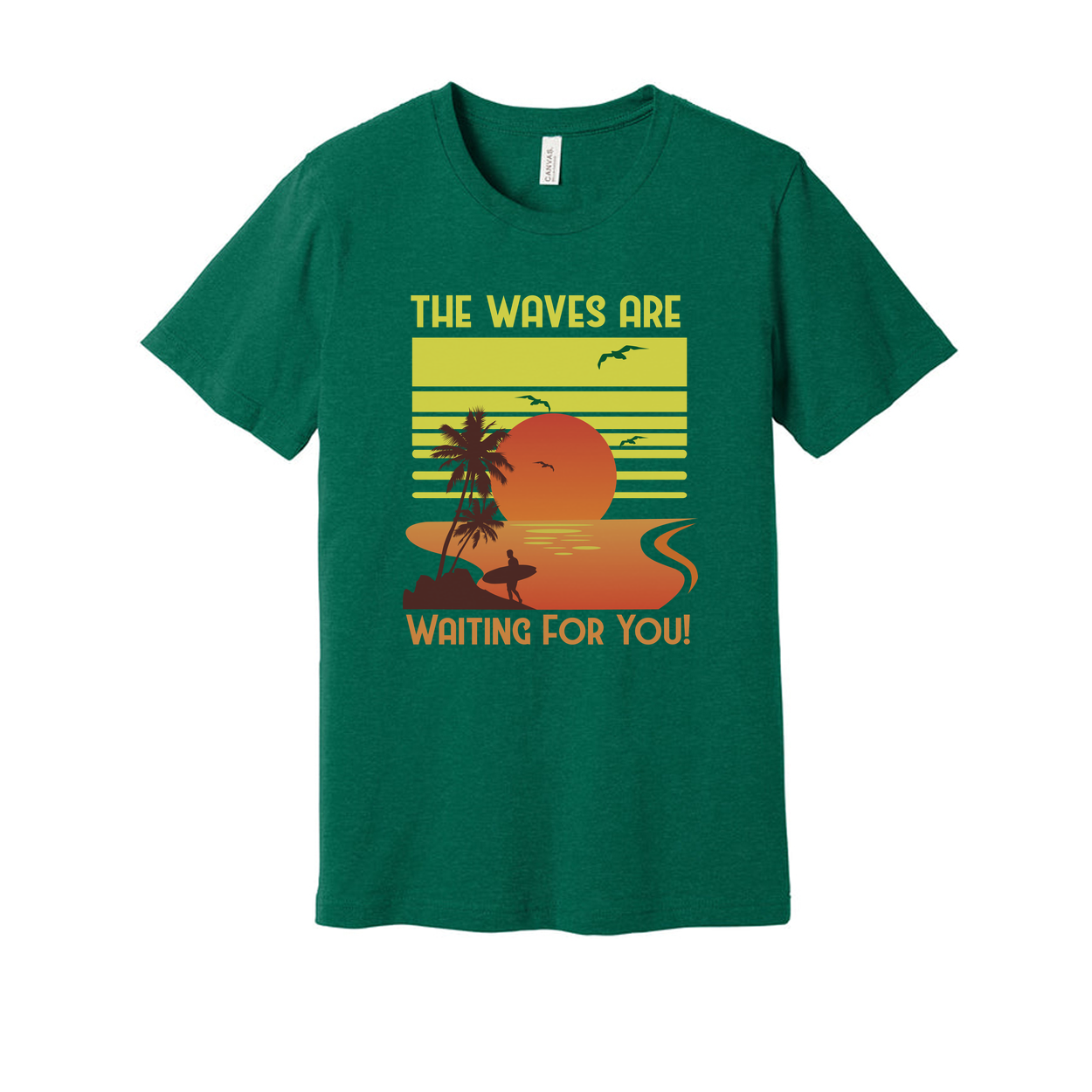 Unisex Surfing Sunset Graphic Tee Featuring Palm Trees Ocean Waves And A Radiant Orange Sun