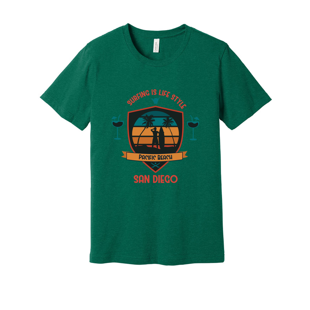 Unisex Surfing Tee With Pacific Beach San Diego Graphic Shield Design Retro Sunset Palette
