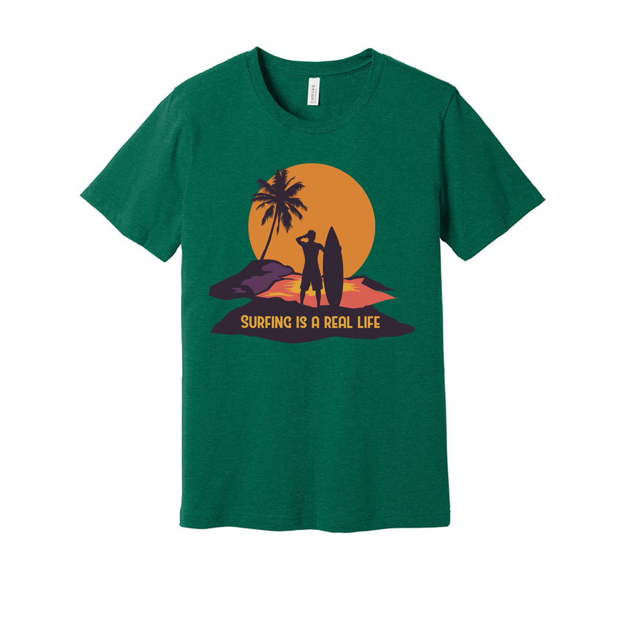 Unisex Surfing Graphic Tee With Silhouette Of Surfer And Palm Tree Against Sunset