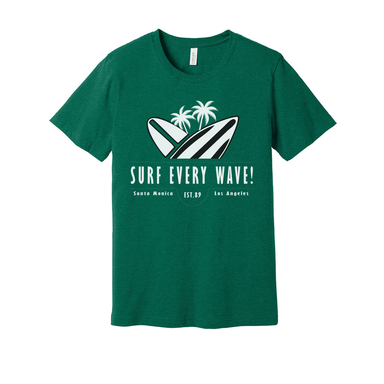 Surf Every Wave Graphic Tee With Surfboard And Palm Design