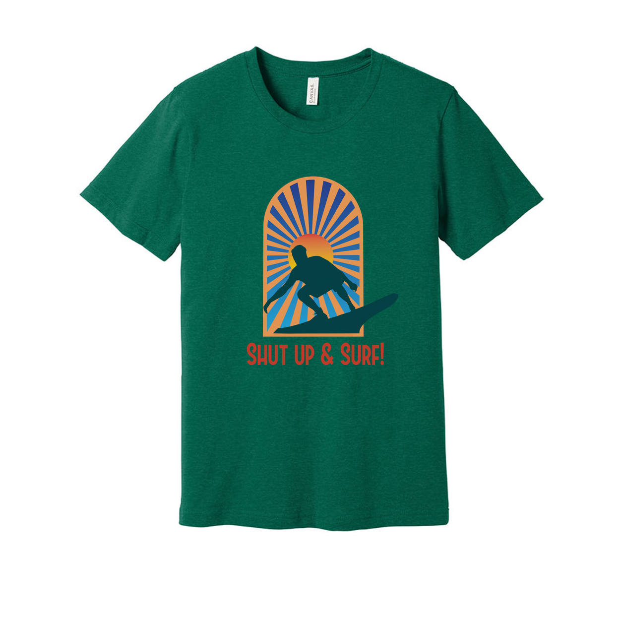 Unisex Surfing Graphic Tee With Sunburst Arch Silhouette Of Surfer And Retro Style Font