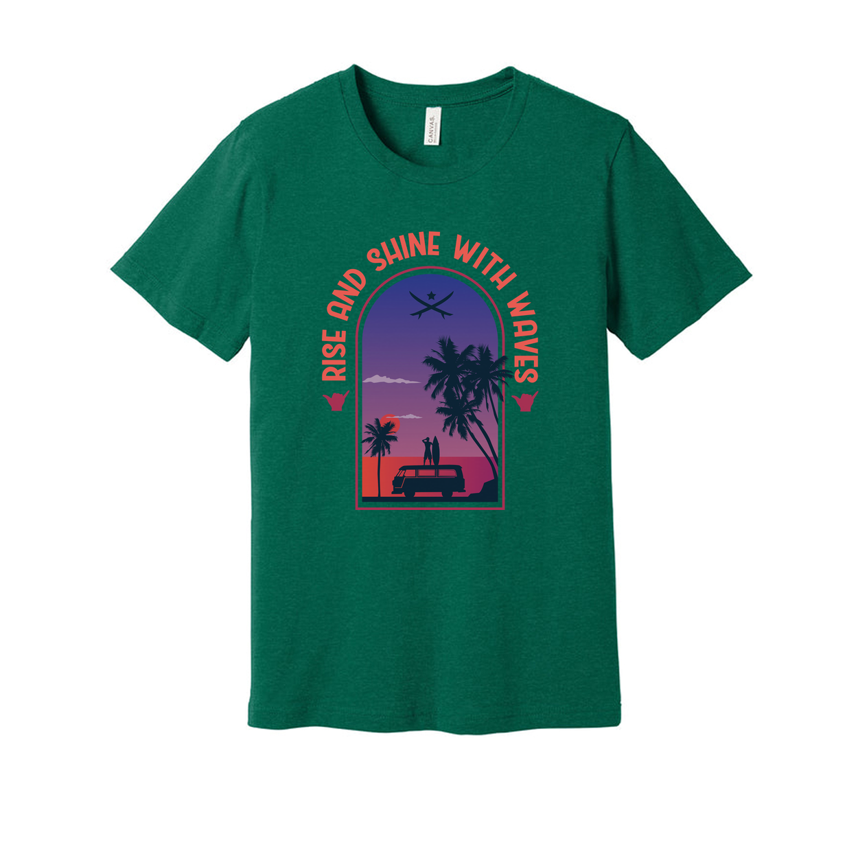 Unisex Surfing Themed T Shirt With Sunset Palm Trees And Van Scene Artwork For Beach Lovers