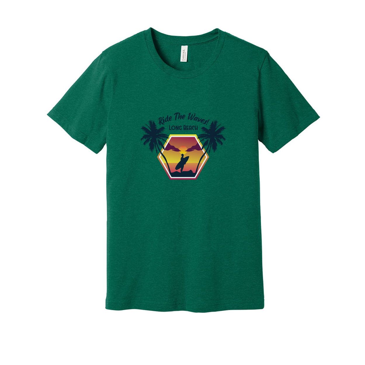 Surfing Sunset Hexagon Graphic Tee With Palm Trees And Rider Silhouette On Long Beach