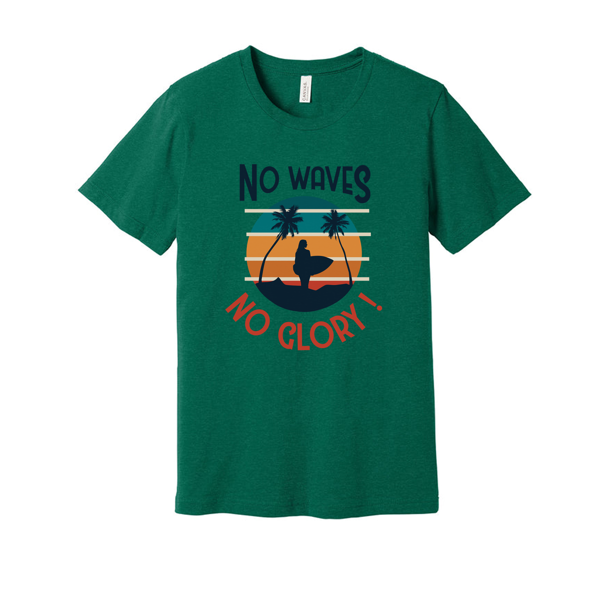 No Waves No Glory Surfing Graphic Unisex Tee For Men And Women With Sunset Palm Tree Design