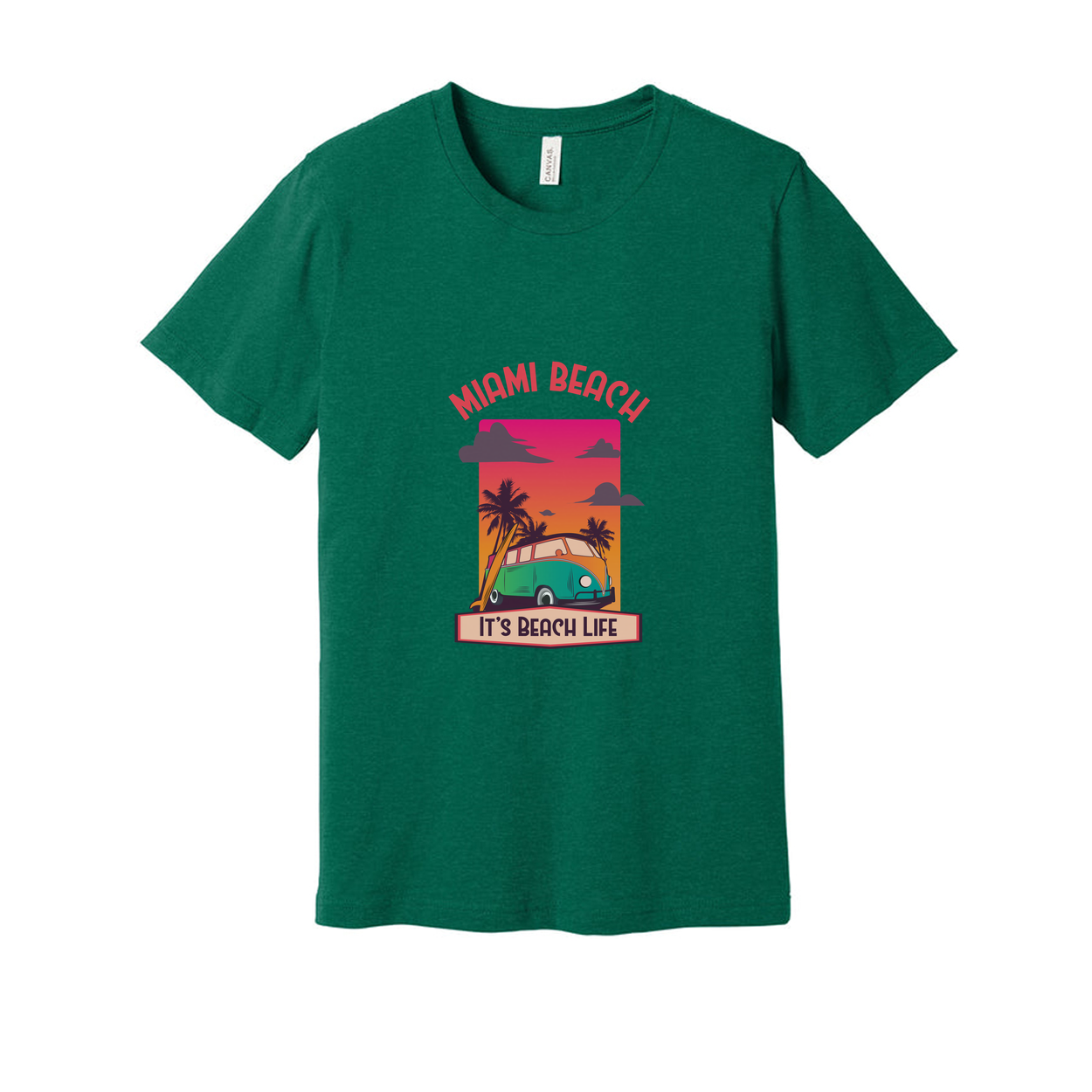 Miami Beach Retro Sunset Graphic T Shirt With Palm Trees And Classic Van Illustration