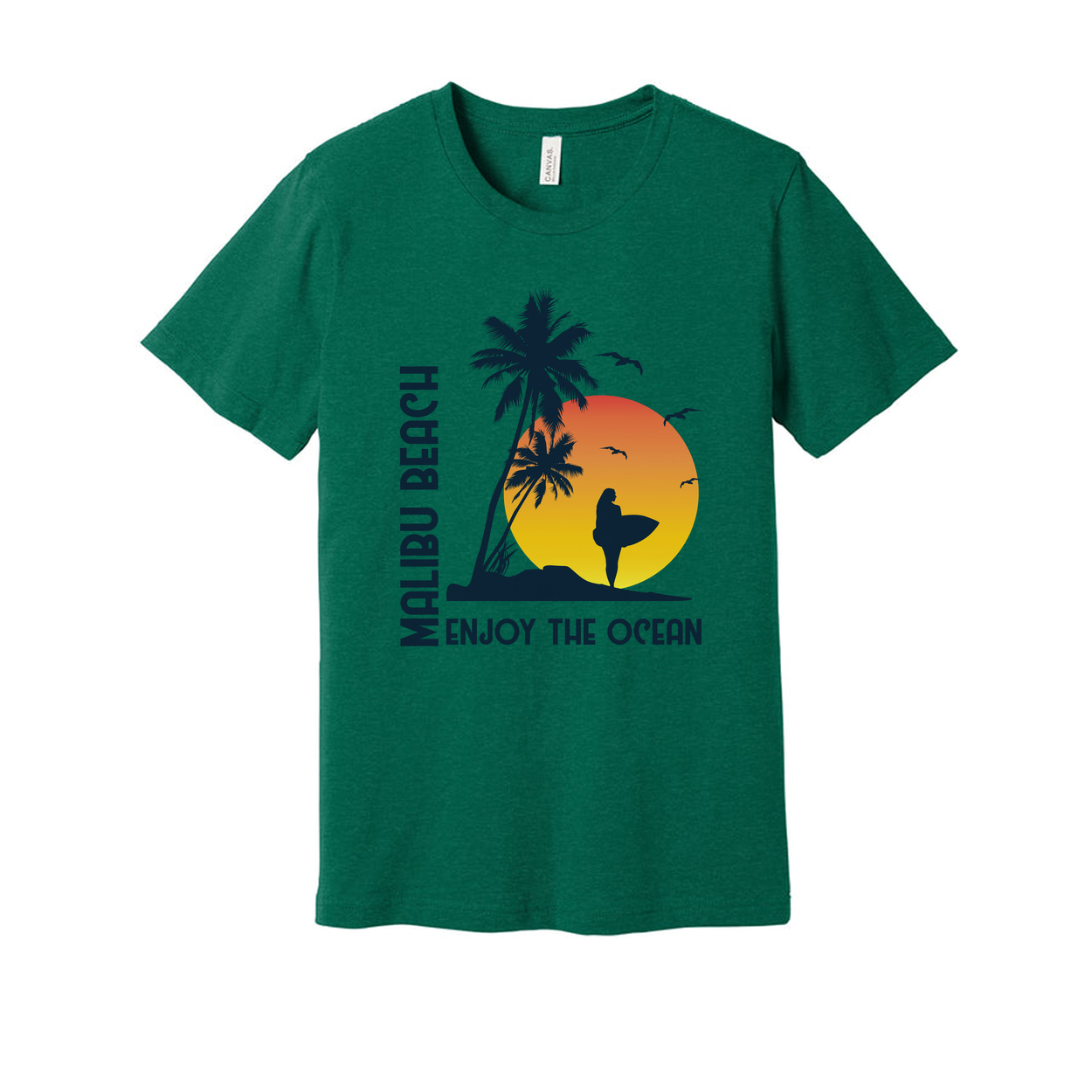 Malibu Beach Sunset Surfing Graphic Unisex T Shirt With Palm Trees And Surfer Silhouette