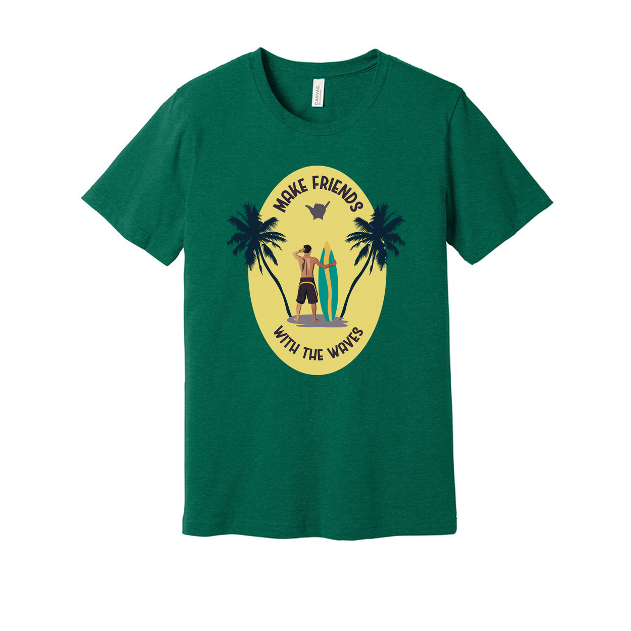Unisex Surfing T Shirt With Sunset Palm Tree Graphic And Surfboard Make Friends With The Waves