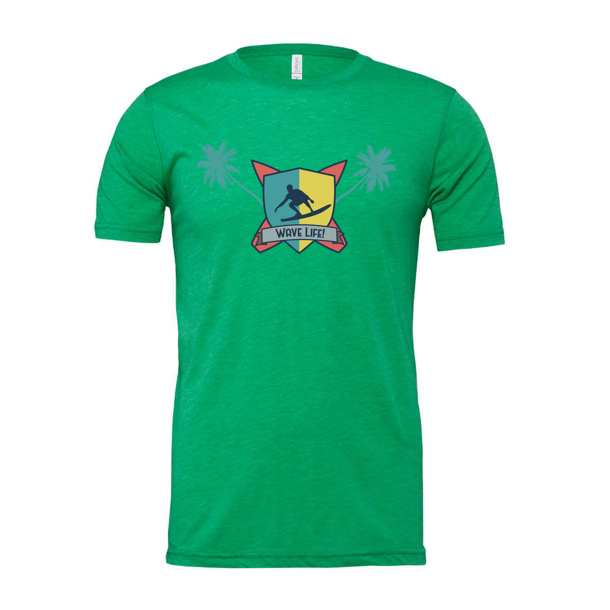 Unisex Surfing Crest Tee Featuring Wave Shield Emblem Palm Trees And Beachside Graphic Design