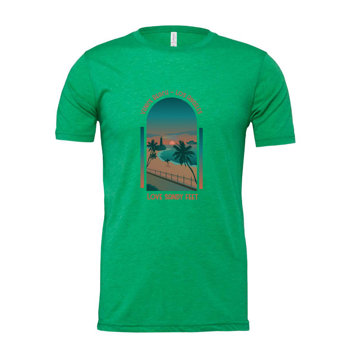 Surfing Unisex T Shirt With Venice Beach Sunset Scene Palm Trees And Love Sandy Feet