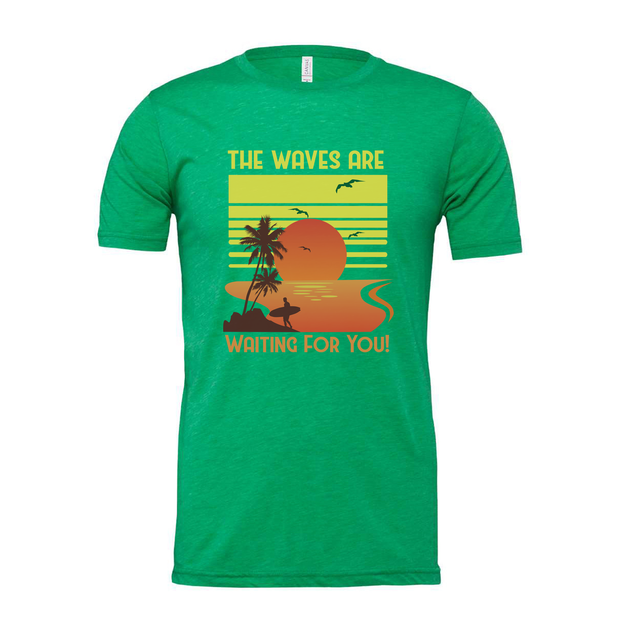 Unisex Surfing Sunset Graphic Tee Featuring Palm Trees Ocean Waves And A Radiant Orange Sun