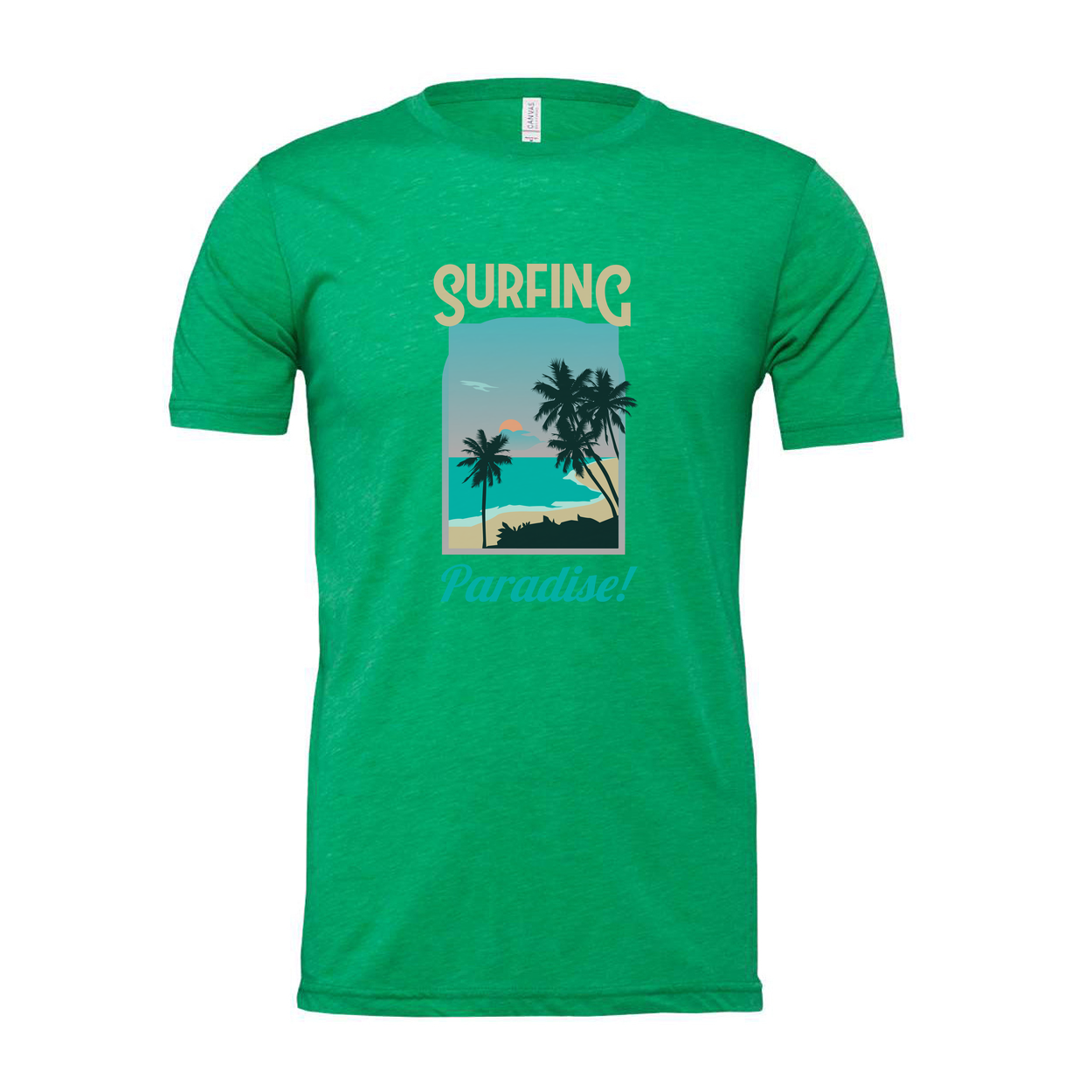 Surfing Paradise Graphic Tee For Men And Women Unisex With Palm Tree Beach Scene Coastal Sunset Ocean Surfer Gift Idea