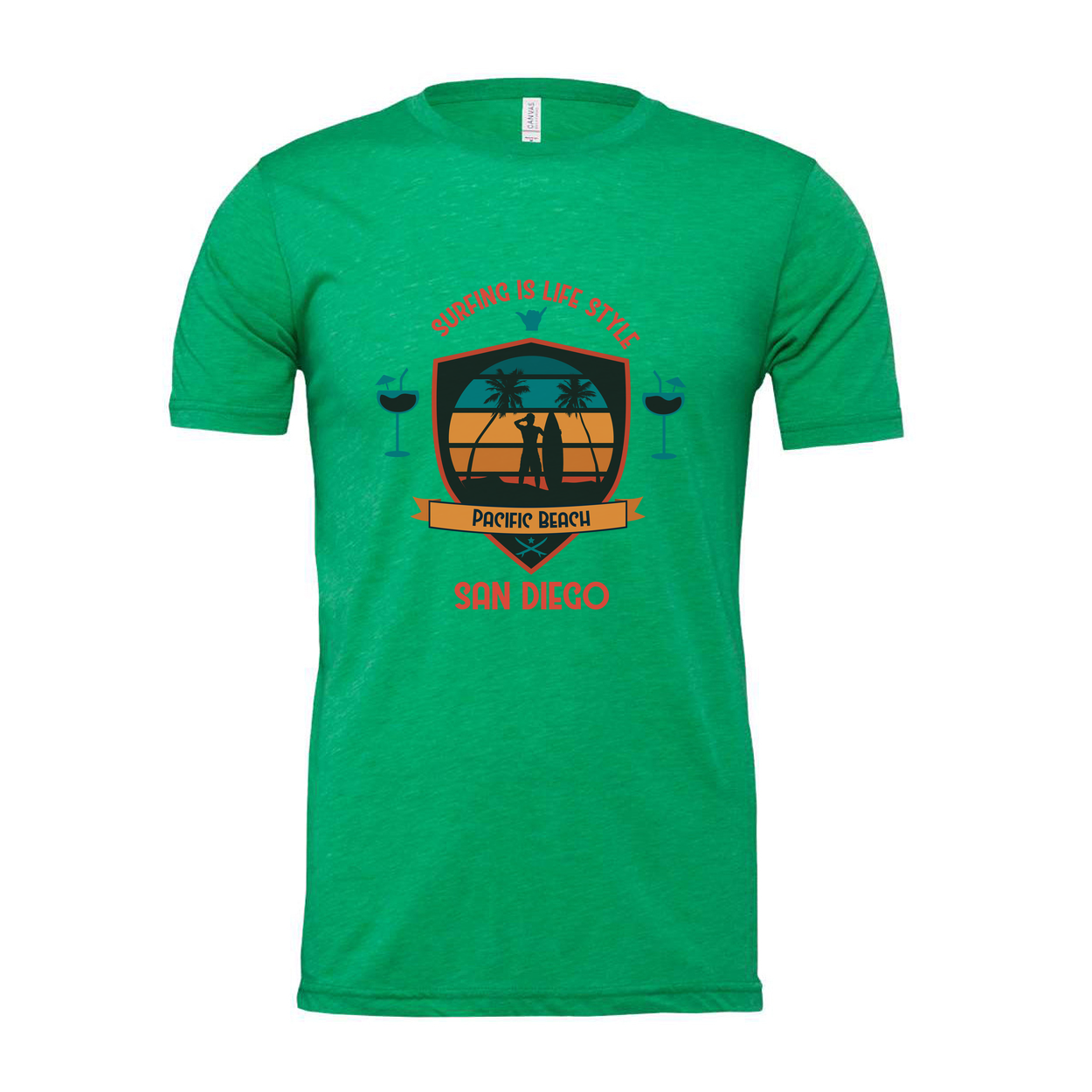 Unisex Surfing Tee With Pacific Beach San Diego Graphic Shield Design Retro Sunset Palette