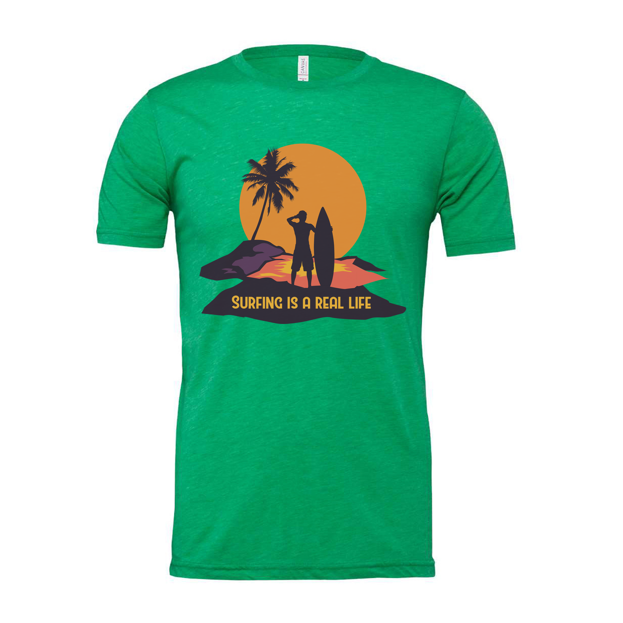 Unisex Surfing Graphic Tee With Silhouette Of Surfer And Palm Tree Against Sunset