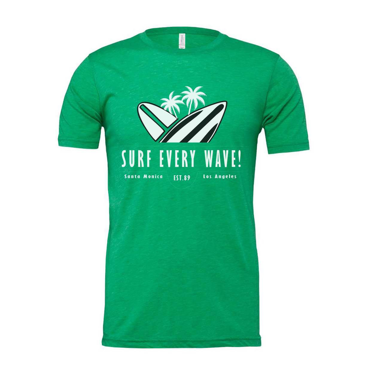 Surf Every Wave Graphic Tee With Surfboard And Palm Design