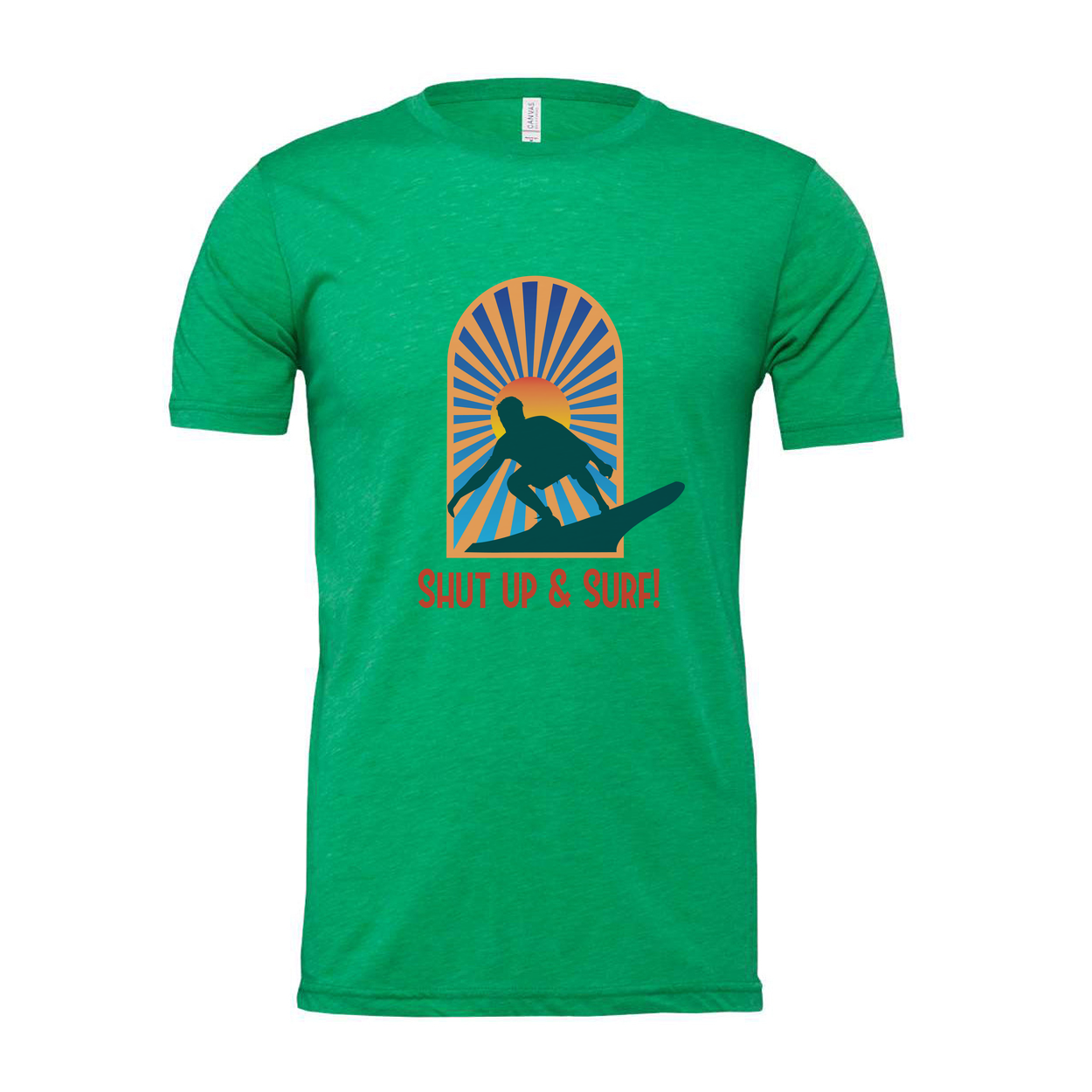 Unisex Surfing Graphic Tee With Sunburst Arch Silhouette Of Surfer And Retro Style Font