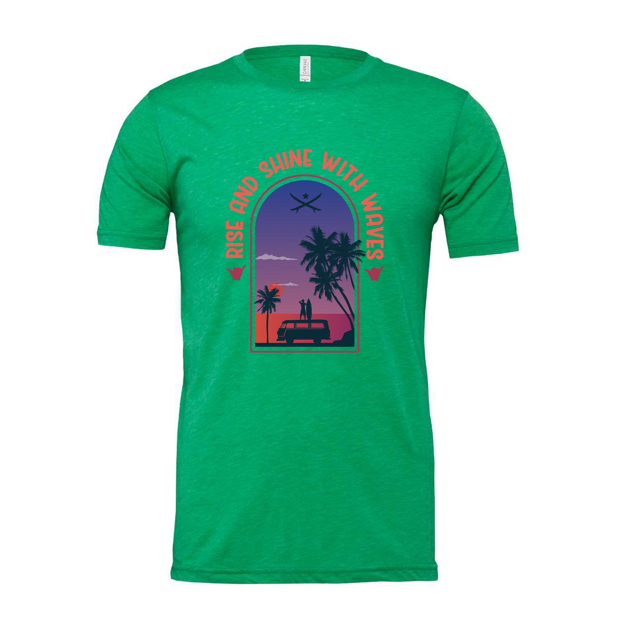 Unisex Surfing Themed T Shirt With Sunset Palm Trees And Van Scene Artwork For Beach Lovers